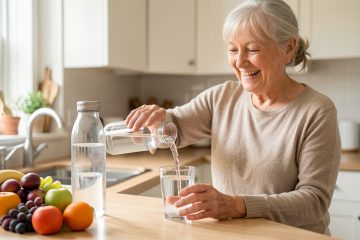 Femme senior souriante versant de l’eau dans un verre, avec une bouteille d’eau et des fruits frais sur le plan de travail d’une cuisine lumineuse.