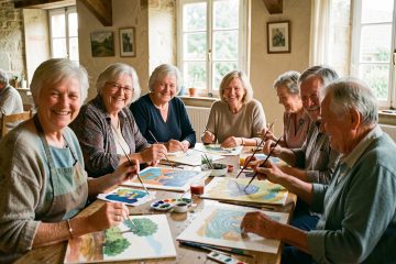 Un groupe de femmes et d’hommes seniors souriants participe à un atelier de peinture lumineux dans une salle associative rurale de Sud-Touraine.