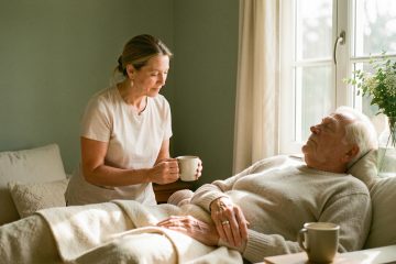 Une femme aidante familiale pratique des étirements doux près d’un homme âgé dans une pièce baignée de lumière naturelle, avec une tasse de tisane et des plantes vertes.