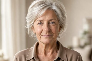 Femme élégante de plus de 60 ans, aux cheveux fins coiffés en coupe bixie souple et volumineuse, éclairée par une lumière naturelle douce.